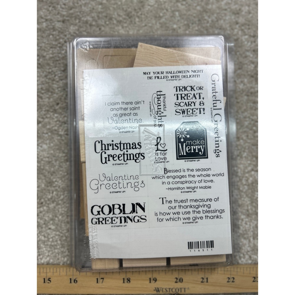 Stampin Up Grateful Greetings 116511 Wood Mount Rubber Stamps Holiday 12pc